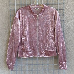 Plus Size Velvet Pink Zip Up Bomber Jacket